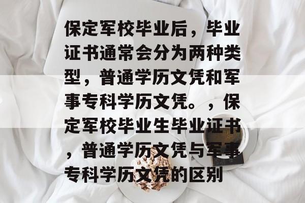 保定军校毕业后,毕业证书通常会分为两种类型,普通学历文凭和军事专科学历文凭。,保定军校毕业生毕业证书,普通学历文凭与军事专科学历文凭的区别 保定军校毕业后,毕业证书通常会分为两种类型,普通学历文凭和军事专科学历文凭。,保定军校毕业生毕业证书,普通学历文凭与军事专科学历文凭的区别