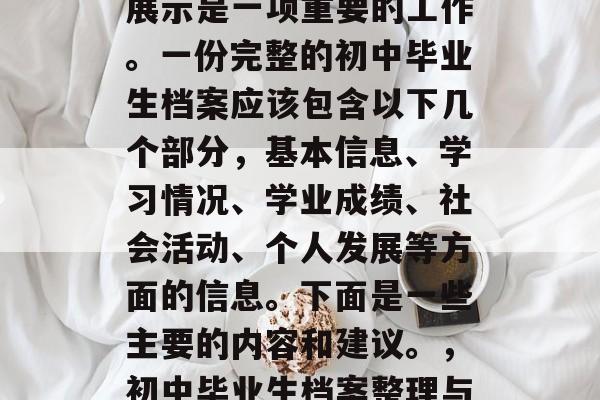 初中毕业档案的整理与展示是一项重要的工作。一份完整的初中毕业生档案应该包含以下几个部分，基本信息、学习情况、学业成绩、社会活动、个人发展等方面的信息。下面是一些主要的内容和建议。，初中毕业生档案整理与展示，全面信息及建议