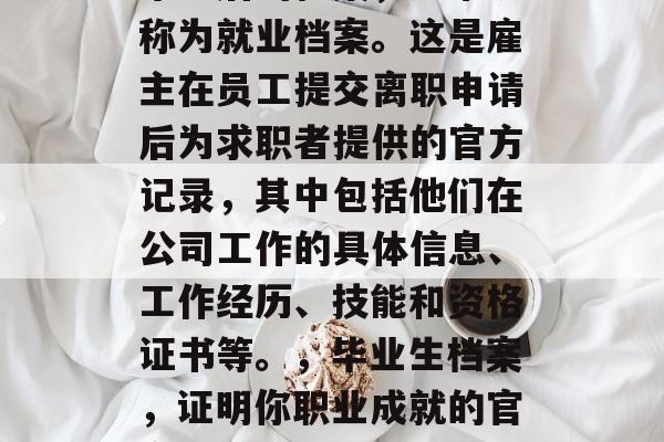 毕业后的档案，通常被称为就业档案。这是雇主在员工提交离职申请后为求职者提供的官方记录，其中包括他们在公司工作的具体信息、工作经历、技能和资格证书等。，毕业生档案，证明你职业成就的官方文件