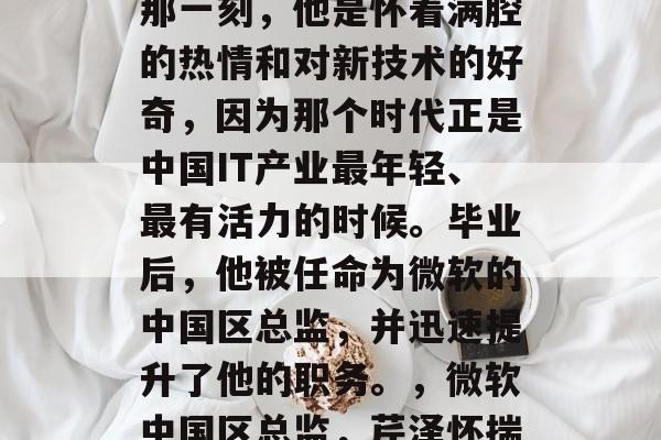 芹泽毕业后进入微软的那一刻，他是怀着满腔的热情和对新技术的好奇，因为那个时代正是中国IT产业最年轻、最有活力的时候。毕业后，他被任命为微软的中国区总监，并迅速提升了他的职务。，微软中国区总监，芹泽怀揣热情投身创业