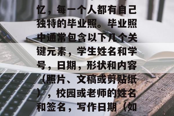毕业照是一个珍贵的记忆，每一个人都有自己独特的毕业照。毕业照中通常包含以下几个关键元素，学生姓名和学号，日期，形状和内容（照片、文稿或剪贴纸），校园或老师的姓名和签名，写作日期（如果有的话）