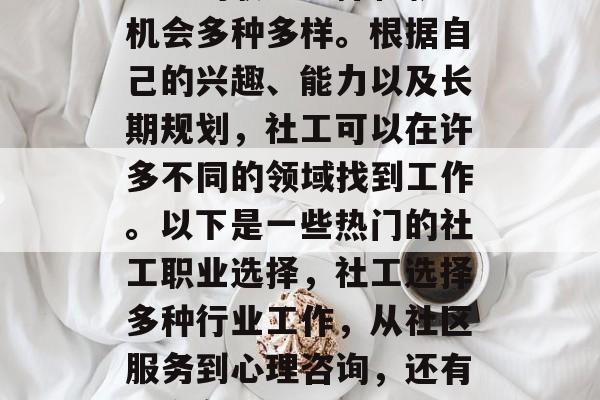 社工的职业选择和就业机会多种多样。根据自己的兴趣、能力以及长期规划，社工可以在许多不同的领域找到工作。以下是一些热门的社工职业选择，社工选择多种行业工作，从社区服务到心理咨询，还有其它各种选择