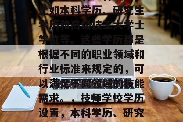 技师学校毕业后的学历设置主要有几种类型,比如本科学历、研究生学历和高级技工大学士学位等。这些学历都是根据不同的职业领域和行业标准来规定的,可以满足不同领域的技能需求。,技师学校学历设置,本科学历、研究生学历、高级技工大学士学位等。 技师学校毕业后的学历设置主要有几种类型,比如本科学历、研究生学历和高级技工大学士学位等。这些学历都是根据不同的职业领域和行业标准来规定的,可以满足不同领域的技能需求。,技师学校学历设置,本科学历、研究生学历、高级技工大学士学位等。