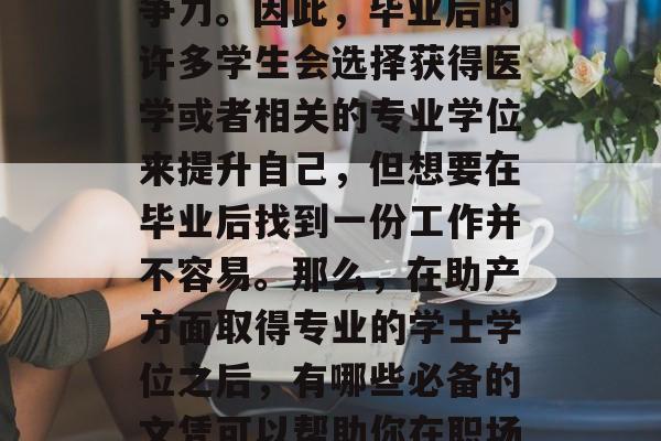 在当今的社会中，越来越多的职场人士选择将专业技能转化为职业竞争力。因此，毕业后的许多学生会选择获得医学或者相关的专业学位来提升自己，但想要在毕业后找到一份工作并不容易。那么，在助产方面取得专业的学士学位之后，有哪些必备的文凭可以帮助你在职场中脱颖而出呢？，医学学士学位，如何在助产领域取得专业优势？