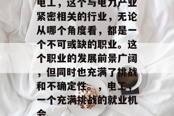 电工，这个与电力产业紧密相关的行业，无论从哪个角度看，都是一个不可或缺的职业。这个职业的发展前景广阔，但同时也充满了挑战和不确定性。，电工，一个充满挑战的就业机会