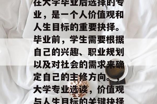 在大学毕业后选择的专业，是一个人价值观和人生目标的重要抉择。毕业前，学生需要根据自己的兴趣、职业规划以及对社会的需求来确定自己的主修方向。，大学专业选读，价值观与人生目标的关键抉择