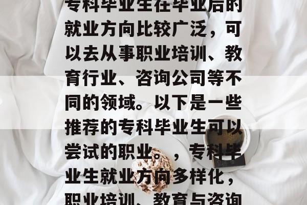 专科毕业生在毕业后的就业方向比较广泛，可以去从事职业培训、教育行业、咨询公司等不同的领域。以下是一些推荐的专科毕业生可以尝试的职业。，专科毕业生就业方向多样化，职业培训、教育与咨询