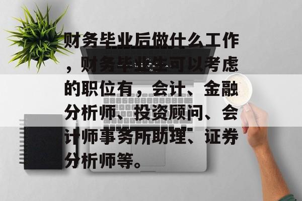 财务毕业后做什么工作,财务毕业生可以考虑的职位有,会计、金融分析师、投资顾问、会计师事务所助理、证券分析师等。 财务毕业后做什么工作,财务毕业生可以考虑的职位有,会计、金融分析师、投资顾问、会计师事务所助理、证券分析师等。