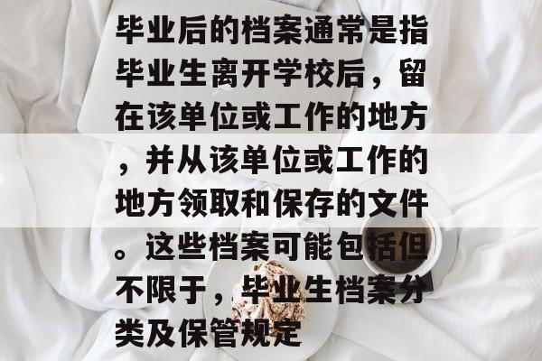 毕业后的档案通常是指毕业生离开学校后，留在该单位或工作的地方，并从该单位或工作的地方领取和保存的文件。这些档案可能包括但不限于，毕业生档案分类及保管规定