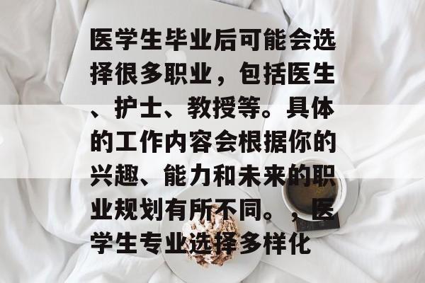 医学生毕业后可能会选择很多职业，包括医生、护士、教授等。具体的工作内容会根据你的兴趣、能力和未来的职业规划有所不同。，医学生专业选择多样化