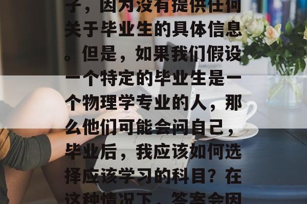 毕业了？这个题目听起来就像是一个空洞的句子，因为没有提供任何关于毕业生的具体信息。但是，如果我们假设一个特定的毕业生是一个物理学专业的人，那么他们可能会问自己，毕业后，我应该如何选择应该学习的科目？在这种情况下，答案会因人而异。，物理学专业后应选哪些科目？