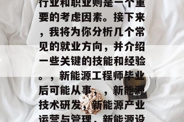 新能源工程毕业后从事什么工作？作为新能源工程毕业生，选择哪个行业和职业则是一个重要的考虑因素。接下来，我将为你分析几个常见的就业方向，并介绍一些关键的技能和经验。，新能源工程师毕业后可能从事，，新能源技术研发，新能源产业运营与管理，新能源设备制造，新能源咨询与规划，新能源投资管理，新能源市场营销