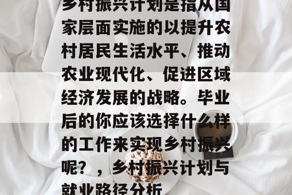 乡村振兴计划是指从国家层面实施的以提升农村居民生活水平、推动农业现代化、促进区域经济发展的战略。毕业后的你应该选择什么样的工作来实现乡村振兴呢？，乡村振兴计划与就业路径分析