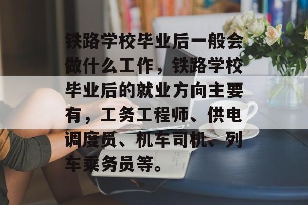铁路学校毕业后一般会做什么工作,铁路学校毕业后的就业方向主要有,工务工程师、供电调度员、机车司机、列车乘务员等。 铁路学校毕业后一般会做什么工作,铁路学校毕业后的就业方向主要有,工务工程师、供电调度员、机车司机、列车乘务员等。