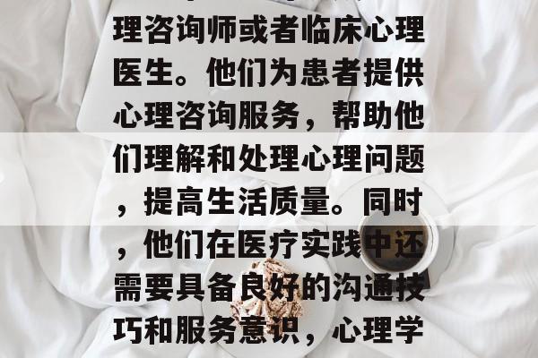 再次,在医疗机构,心理学毕业生可以成为心理咨询师或者临床心理医生。他们为患者提供心理咨询服务,帮助他们理解和处理心理问题,提高生活质量。同时,他们在医疗实践中还需要具备良好的沟通技巧和服务意识,心理学毕业生可成为心理咨询师或临床心理医生 再次,在医疗机构,心理学毕业生可以成为心理咨询师或者临床心理医生。他们为患者提供心理咨询服务,帮助他们理解和处理心理问题,提高生活质量。同时,他们在医疗实践中还需要具备良好的沟通技巧和服务意识,心理学毕业生可成为心理咨询师或临床心理医生