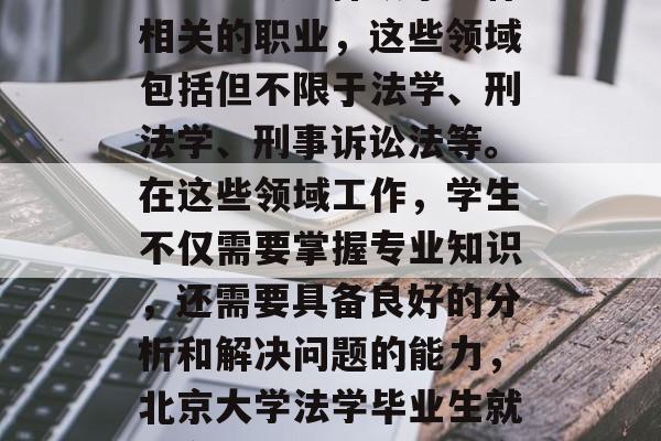 北京大学的法律系毕业生一般会选择从事法律相关的职业，这些领域包括但不限于法学、刑法学、刑事诉讼法等。在这些领域工作，学生不仅需要掌握专业知识，还需要具备良好的分析和解决问题的能力，北京大学法学毕业生就业方向，专业选择与实践能力培养