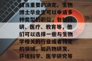 生物博士毕业后的专业选择和职业方向是一个相当重要的决定。生物博士毕业生可以申请多种类型的职位，包括科研、医疗、教育等，他们可以选择一些与生物学相关的行业或者特定的领域，如药物研发、环境科学、医学研究等。，生物博士生就业前景分析