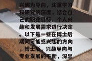 博士毕业后的选择应以兴趣为导向，注重学习和研究的深度，结合自己的职业目标、个人兴趣和发展需求进行决定。以下是一些在博士后期间可能感兴趣的方向，博士后，兴趣导向与专业发展的平衡，深思熟虑的职业规划路径