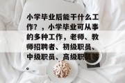 小学毕业后能干什么工作？，小学毕业可从事的多种工作，老师、教师招聘者、初级职员、中级职员、高级职员等。