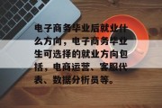 电子商务毕业后就业什么方向，电子商务毕业生可选择的就业方向包括，电商运营、客服代表、数据分析员等。