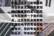 毕业后的第一份工作，它是你人生的一个重要阶段。它不仅能够帮助你在职业生涯中积累经验，更重要的是，它可以为你提供一个新的起点，让你有机会探索并实践你所学的专业技能和知识，你的专业生涯新起点，毕业后的第一份工作如何帮你提升技能与知识