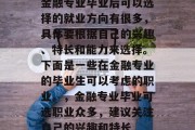 金融专业毕业后可以选择的就业方向有很多，具体要根据自己的兴趣、特长和能力来选择。下面是一些在金融专业的毕业生可以考虑的职业。，金融专业毕业可选职业众多，建议关注自己的兴趣和特长