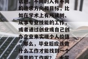 毕业后的职业选择和就业状况一直是一个热门话题。不同的人有不同的追求方向和目标，比如在学术上有所建树、从事专业技能的工作，或者通过创业或自己创办企业来实现个人价值。那么，毕业后应该做什么工作才能找到一个满意的工作呢？，大学生应考虑的职业选择与就业情况分析