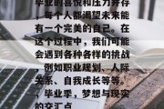 毕业的喜悦和压力并存，每个人都渴望未来能有一个完美的自己。在这个过程中，我们可能会遇到各种各样的挑战，例如职业规划、人际关系、自我成长等等。，毕业季，梦想与现实的交汇点