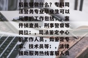 专科司法警务专业毕业后能够做什么？专科司法警务专业毕业生可以从事的工作包括，，案件侦查员、刑事警察等岗位；，司法鉴定中心的工作人员，如鉴定专家、技术员等；，法律援助服务热线客服人员；，系统管理员等。