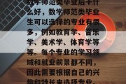 数学师范类毕业后干什么好，数学师范类毕业生可以选择的专业有很多，例如教育学、音乐学、美术学、体育学等等。每个专业的学习领域和就业前景都不同，因此需要根据自己的兴趣和特长来选择专业。