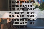 犯罪心理学毕业后能够从事的职业多种多样，包括社会工作、心理治疗、犯罪预防、情报分析等。以下是一些可能的前景和专业选择，犯罪心理学毕业生，就业方向与专业选择