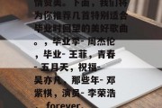 毕业后的旋律总是令人怀念和感慨。无论是热门的校园歌曲还是独唱的歌词，都是我们对过去岁月的独特回忆和深情赞美。下面，我们将为你推荐几首特别适合毕业时回望的美好歌曲。，毕业季- 周杰伦，毕业- 王菲，青春- 五月天，祝福- 吴亦凡，那些年- 邓紫棋，演员- 李荣浩， forever, 记得你- 张学友，青花瓷- 薛之谦，毕业季未了- 林俊杰，10. 再见- 华晨宇