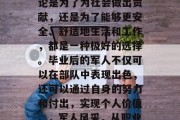 毕业时，进入军队，无论是为了为社会做出贡献，还是为了能够更安全、舒适地生活和工作，都是一种极好的选择。毕业后的军人不仅可以在部队中表现出色，还可以通过自身的努力和付出，实现个人价值。，军人风采，从职业到生活的变化