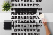 毕业后的就业市场具有巨大的不确定性。无论是选择从事什么行业，都需要对自己的能力和兴趣有深入的理解，并且愿意为此付出努力。在接下来的几年里，你可以考虑以下几种职业，技术人才需求大 咨询就业指导 提升专业技能 研究新趋势
