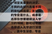 高中毕业后的选择，是一项至关重要的决定。不同的选择代表着不同的目标和追求，无论你的专业是什么，或者是选择你想要继续深入学习的领域，都可以考虑选择进入大学进行深造。，高中生深造，专业、专业选择与深造之路