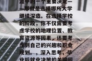 毕业的你将面临职业生涯中的一个重要决定——那就是选择哪所大学继续深造。在选择学校的阶段，你不仅需要考虑学校的地理位置、教育资源等因素，还要考虑到自己的兴趣和职业规划。，深入思考，毕业后就业决策的关键因素