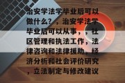 治安学法学毕业后可以做什么？，治安学法学毕业后可以从事，，社区管理和执法工作，法律咨询和法律援助，经济分析和社会评价研究，立法制定与修改建议