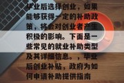 毕业后选择创业，如果能够获得一定的补助政策，将会对创业者产生积极的影响。下面是一些常见的就业补助类型及其详细信息。，毕业后创业补贴，政府为如何申请补助提供指南