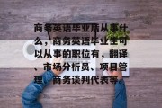 商务英语毕业后从事什么，商务英语毕业生可以从事的职位有，翻译、市场分析员、项目管理、商务谈判代表等。