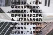 金融专业毕业生在职业生涯中拥有广泛的专业知识和技能。它们可以学习到许多金融理论、工具和策略，并且可以在多种行业找到工作机会。以下是金融专业的毕业生可能会学到的一些主要专长。，金融专业毕业生，广泛的知识与技能，众多的就业选择