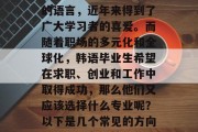 韩语作为一门世界通用的语言，近年来得到了广大学习者的喜爱。而随着职场的多元化和全球化，韩语毕业生希望在求职、创业和工作中取得成功，那么他们又应该选择什么专业呢？以下是几个常见的方向。，韩语专业前景分析