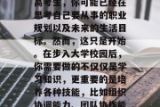 高考结束后，我们即将走向另一个重要的里程碑——大学生活。作为高考生，你可能已经在思考自己要从事的职业规划以及未来的生活目标。然而，这只是开始。在步入大学校园后，你需要做的不仅仅是学习知识，更重要的是培养各种技能，比如组织协调能力、团队协作能力、解决问题的能力等。，大学生涯，职业规划与技能提升篇
