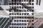 教育学硕士毕业后应从事哪些职业？这是一个需要考虑和深思的问题。教育学硕士的毕业通常意味着学生已经具备了丰富的专业知识和技能，因此他们在大学期间可以专注于研究、学习和实践相关领域的知识，并在毕业后进入学术机构或政府部门，为学生的职业生涯发展提供支持。，教育学硕士毕业生应从事哪些职业？
