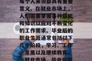 毕业后的职业选择对于每个人来说都具有重要意义。在就业市场上，人们需要掌握各种技能和知识以应对不断变化的工作需求。毕业后的职业生涯通常包括以下几个阶段，学习、工作、发展以及继续教育。，就业市场，毕业后职业选择的关键阶段