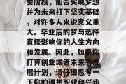 毕业后做什么梦好？，大学梦是人生中首个重要阶段，能否实现梦想并为未来打下坚实基础，对许多人来说意义重大。毕业后的梦与选择直接影响你的人生方向和发展。因此，如果你打算创业或者未来有发展计划，请仔细思考一下你的理想职业和兴趣所在，并做出最符合自己情况的选择。