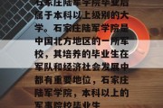 石家庄陆军学院毕业后属于本科以上级别的大学。石家庄陆军学院是中国北方地区的一所军校，其培养的毕业生在军队和经济社会发展中都有重要地位，石家庄陆军学院，本科以上的军事院校毕业生