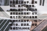 毕业后的工资高，这在不同行业和职业中是非常常见的现象。一些热门行业的毕业生通常有较高的工资水平，比如科技、医疗、教育等。那么，哪些行业的工作通常薪水较高呢？以下是几个热门的行业及其对应的月薪水平。，科技行业，薪资高，月薪普遍在50,000元以上；医疗行业，月薪在60,000元左右；教育行业，月薪在70,000元以上。