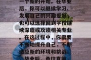 毕业并不是结束，而是一个新的开始。在毕业后，你可以继续学习、发展自己的兴趣爱好，也可以选择回到学校继续深造或攻读相关专业。在这过程中，你需要不断地提升自己，不断适应新的环境和挑战。，毕业后，勇往直前，实现自我价值