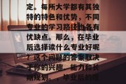 毕业后的选择，是你人生旅程中一个关键的决定。每所大学都有其独特的特色和优势，不同专业的学习路径也各有优缺点。那么，在毕业后选择读什么专业好呢？这个问题的答案取决于你的兴趣、能力和长期规划。，毕业后的理想选择，哪个专业最适合你?