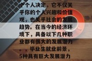 毕业后的职业选择是一个个人决定，它不仅关乎你的个人兴趣和价值观，也关乎社会的发展趋势。在当今的经济环境下，具备以下几种职业都有很大的发展潜力。，毕业生就业前景，5种具有巨大发展潜力的职业推荐